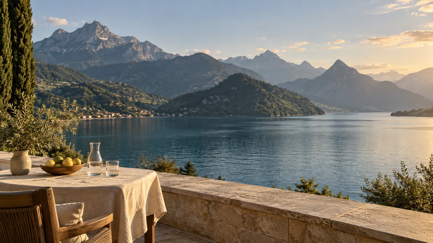 AI editorial illustration inspired by a quiet terrace above Lake Lucerne
